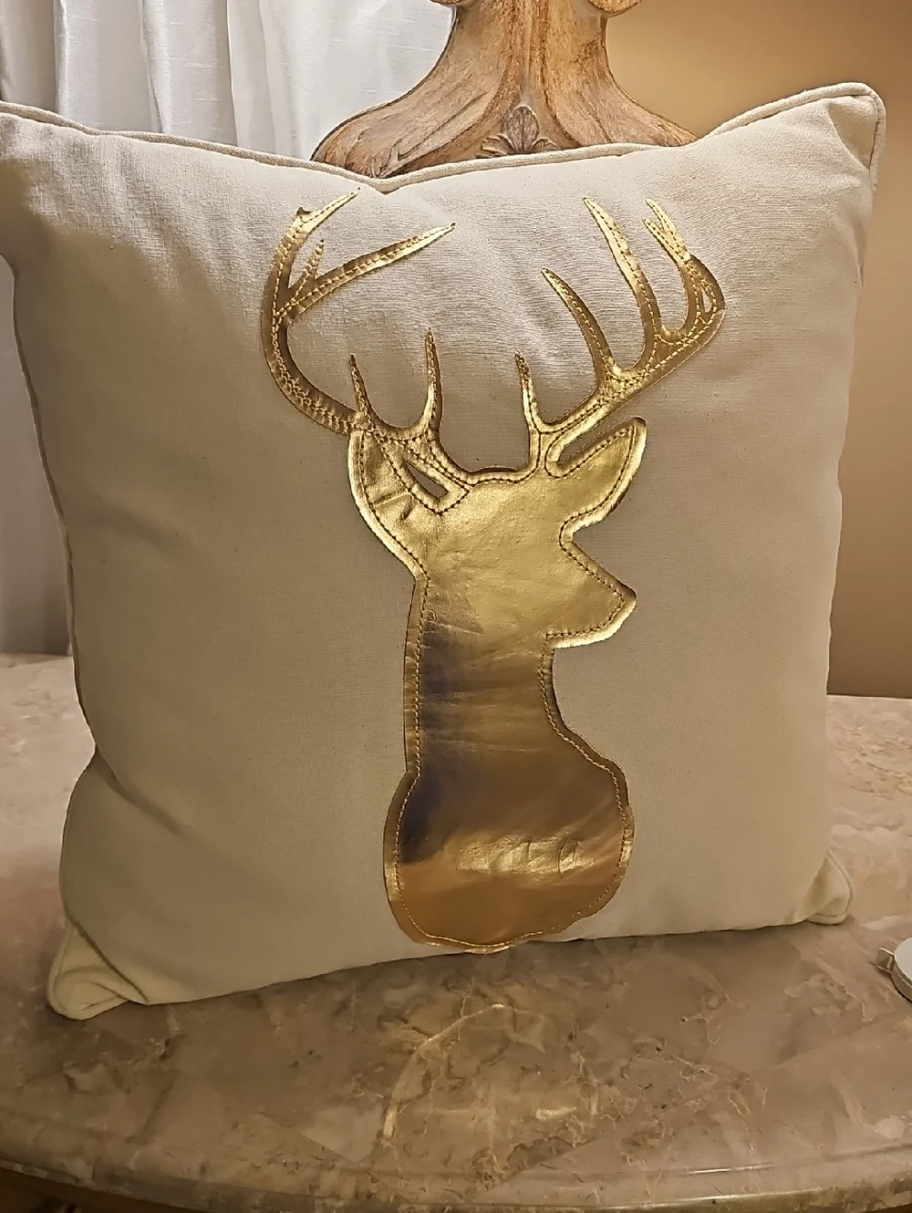 Gold Deer Appliqué Holiday Throw Pillow - Cream New Without Tags 18x18